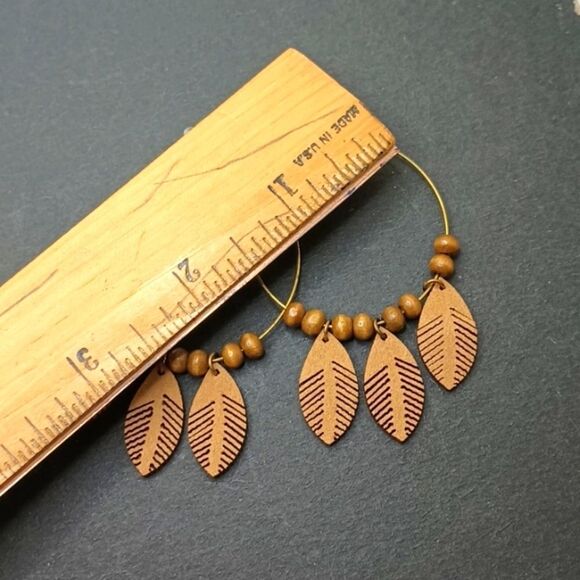 BRONZE boho wire hoop earrings beaded leaf dangle dream catcher - Picture 3 of 4